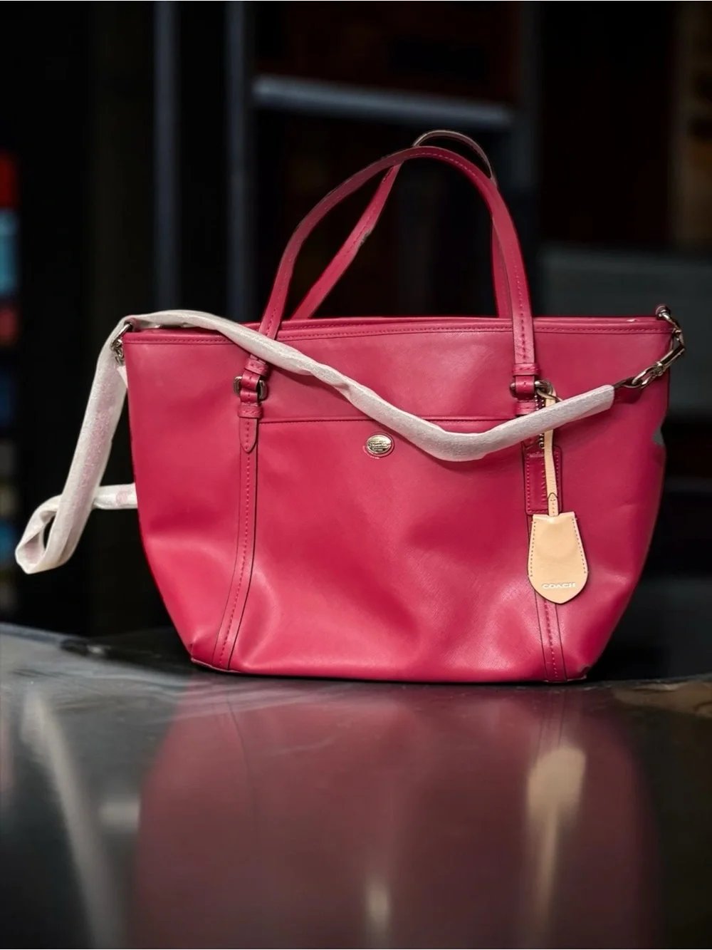Coach Peyton Magenta Pink Leather Large Pocket Tote W/ Crossbody Strap